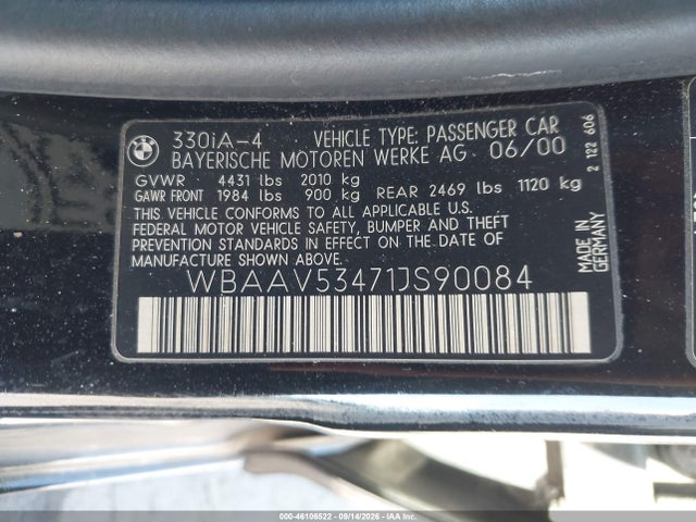 46106522 :رقم المزاد ، WBAAV53471JS90084 vin ، 2001 Bmw 330i مزاد بيع