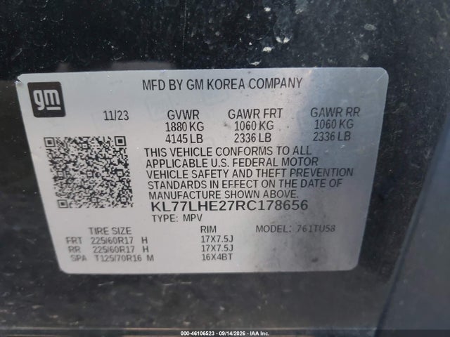 Продаж на аукціоні авто 2024 Chevrolet Trax Fwd Lt, vin: KL77LHE27RC178656, номер лоту: 46106523
