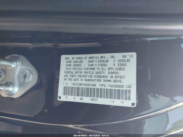 46106524 :رقم المزاد ، 1HGCS2B81BA001484 vin ، 2011 Honda Accord 3.5 Ex-l مزاد بيع