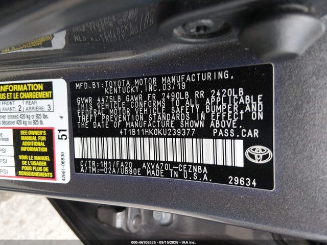 Aukcja sprzedaży 2019 Toyota Camry Le, vin: 4T1B11HK0KU239377, numer aukcji: 46106525