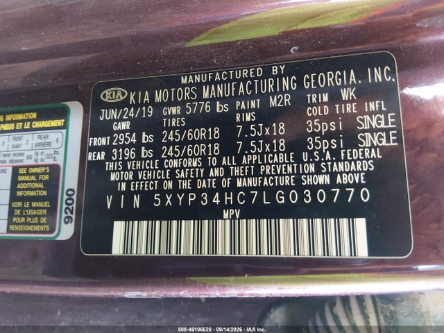 46106528 :رقم المزاد ، 5XYP34HC7LG030770 vin ، 2020 Kia Telluride Ex مزاد بيع