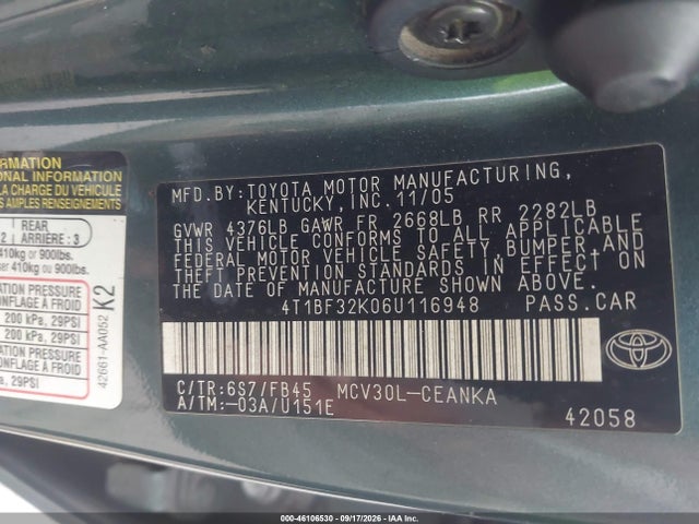 2006 Toyota Camry Le V6 მანქანა იყიდება აუქციონზე, vin: 4T1BF32K06U116948, აუქციონის ნომერი: 46106530