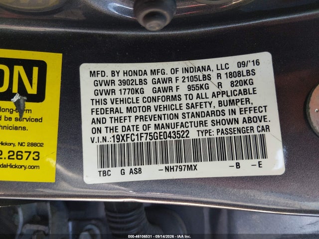 Продаж на аукціоні авто 2016 Honda Civic Ex-l, vin: 19XFC1F75GE043522, номер лоту: 46106531