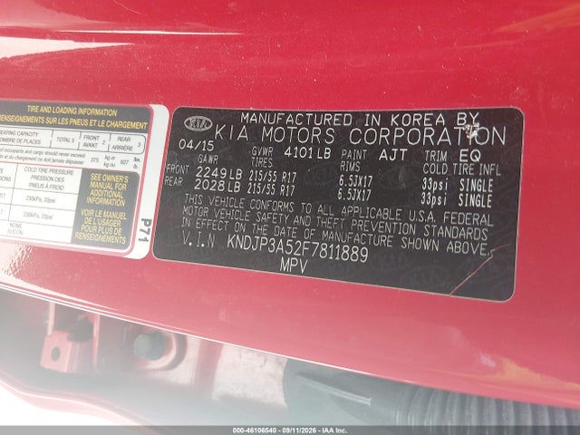 46106540 :رقم المزاد ، KNDJP3A52F7811889 vin ، 2015 Kia Soul + مزاد بيع