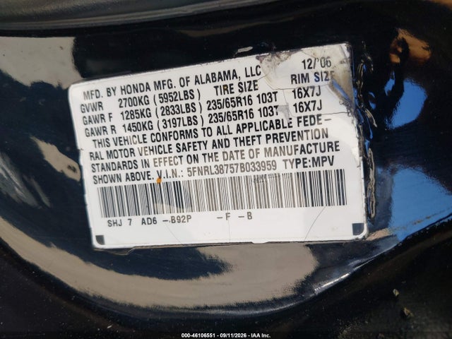 Auction sale of the 2007 Honda Odyssey Ex-l, vin: 5FNRL38757B033959, lot number: 46106551
