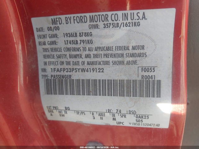 Aukcja sprzedaży 2000 Ford Focus Lx, vin: 1FAFP33P5YW419122, numer aukcji: 46106552