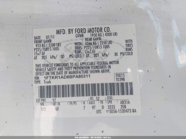 2011 Ford Ranger Xl მანქანა იყიდება აუქციონზე, vin: 1FTKR1AD8BPA80311, აუქციონის ნომერი: 46106556
