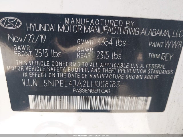 Aukcja sprzedaży 2020 Hyundai Sonata Sel, vin: 5NPEL4JA2LH008183, numer aukcji: 46106558
