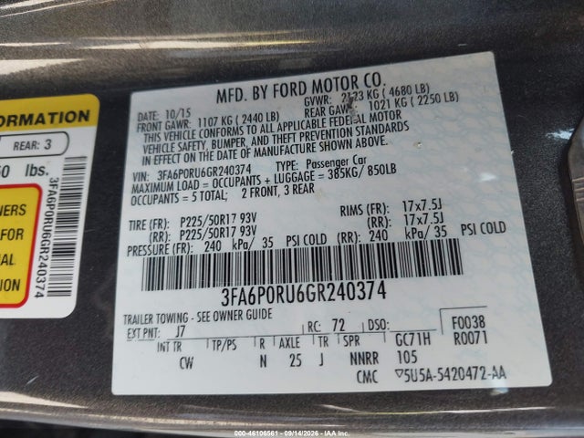 2016 Ford Fusion Hybrid Titanium მანქანა იყიდება აუქციონზე, vin: 3FA6P0RU6GR240374, აუქციონის ნომერი: 46106561