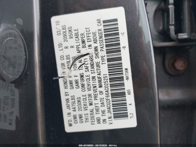 46106563 :رقم المزاد ، JH4CU2F66AC025251 vin ، 2010 Acura Tsx 2.4 مزاد بيع