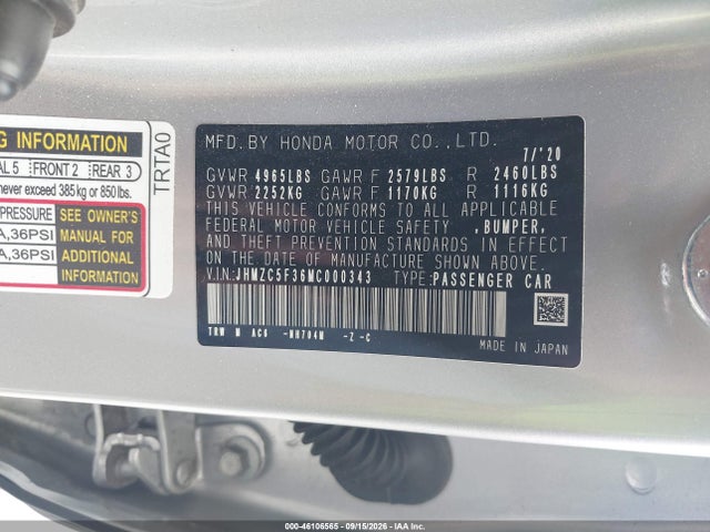 Aukcja sprzedaży 2021 Honda Clarity Plug-in Hybrid Touring, vin: JHMZC5F36MC000343, numer aukcji: 46106565