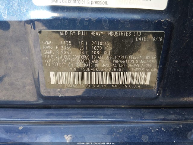 Aukcja sprzedaży 2011 Subaru Legacy 2.5i Limited, vin: 4S3BMBK63B3226786, numer aukcji: 46106576