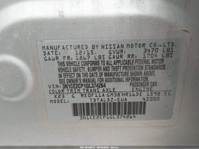 2016 Nissan Versa Note მანქანა იყიდება აუქციონზე, vin: 3N1CE2CP1GL374264, აუქციონის ნომერი: 46106578