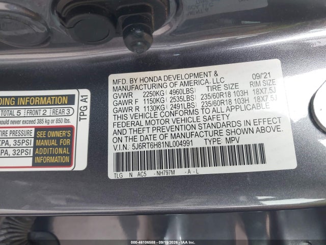 2022 Honda Cr-v Hybrid Ex-l მანქანა იყიდება აუქციონზე, vin: 5J6RT6H81NL004991, აუქციონის ნომერი: 46106588