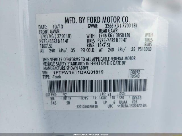 2013 Ford F-150 Fx4 მანქანა იყიდება აუქციონზე, vin: 1FTFW1ET1DKG31819, აუქციონის ნომერი: 46106589