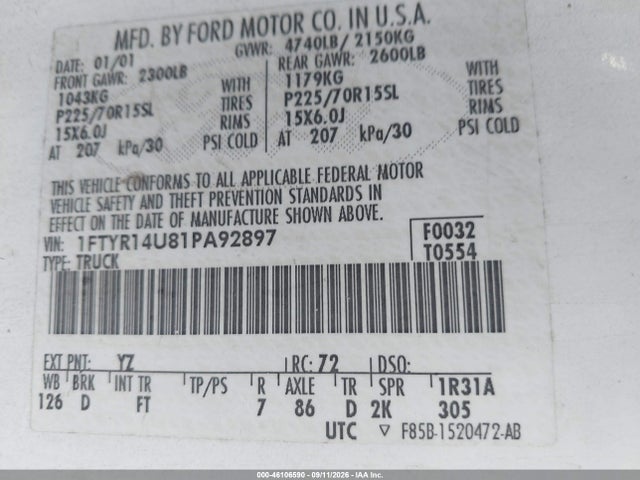 Продажа на аукционе авто 2001 Ford Ranger Edge/xl/xlt, vin: 1FTYR14U81PA92897, номер лота: 46106590