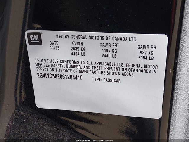 46106592 :رقم المزاد ، 2G4WC582061204410 vin ، 2006 Buick Lacrosse Cx مزاد بيع