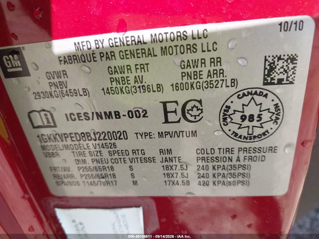 2011 Gmc Acadia Sle მანქანა იყიდება აუქციონზე, vin: 1GKKVPED8BJ220020, აუქციონის ნომერი: 46106611