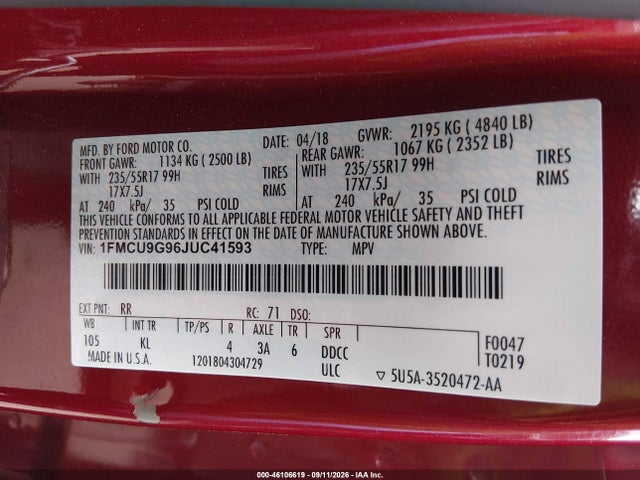 46106619 :رقم المزاد ، 1FMCU9G96JUC41593 vin ، 2018 Ford Escape Se مزاد بيع