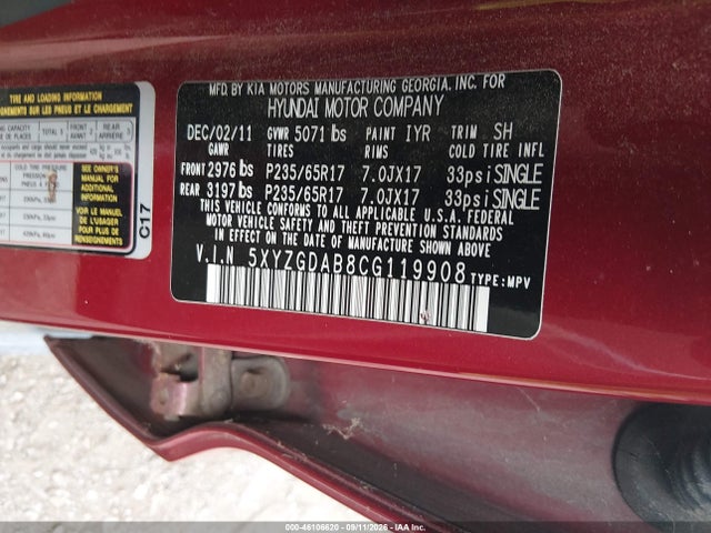 Aukcja sprzedaży 2012 Hyundai Santa Fe Gls, vin: 5XYZGDAB8CG119908, numer aukcji: 46106620