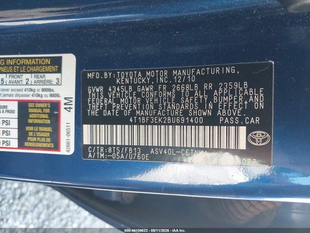 46106622 :رقم المزاد ، 4T1BF3EK2BU691400 vin ، 2011 Toyota Camry مزاد بيع