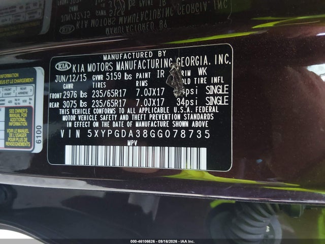 46106626 :رقم المزاد ، 5XYPGDA38GG078735 vin ، 2016 Kia Sorento 2.4l Lx مزاد بيع