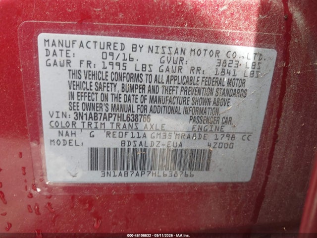 Aukcja sprzedaży 2017 Nissan Sentra Sv, vin: 3N1AB7AP7HL638766, numer aukcji: 46106632