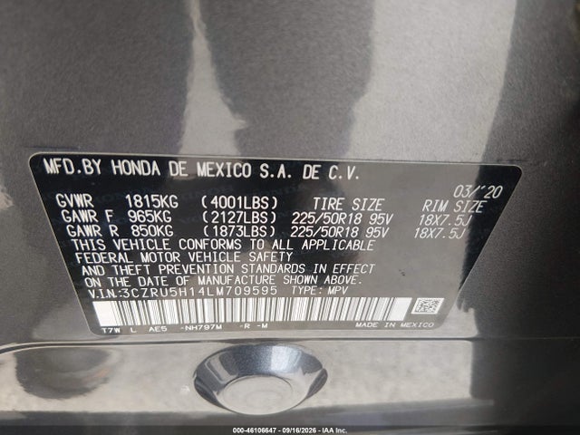 Продаж на аукціоні авто 2020 Honda Hr-v 2wd Sport, vin: 3CZRU5H14LM709595, номер лоту: 46106647
