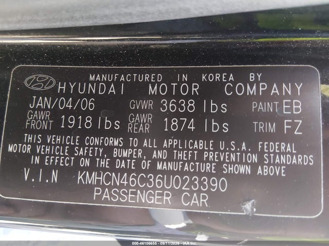 46106655 :رقم المزاد ، KMHCN46C36U023390 vin ، 2006 Hyundai Accent Gls مزاد بيع