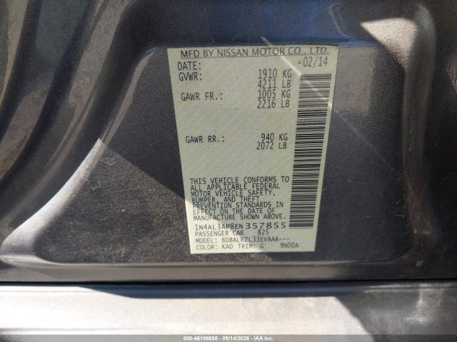 2014 Nissan Altima 2.5/2.5 S/2.5 Sl/2.5 Sv მანქანა იყიდება აუქციონზე, vin: 1N4AL3AP8EN357855, აუქციონის ნომერი: 46106656