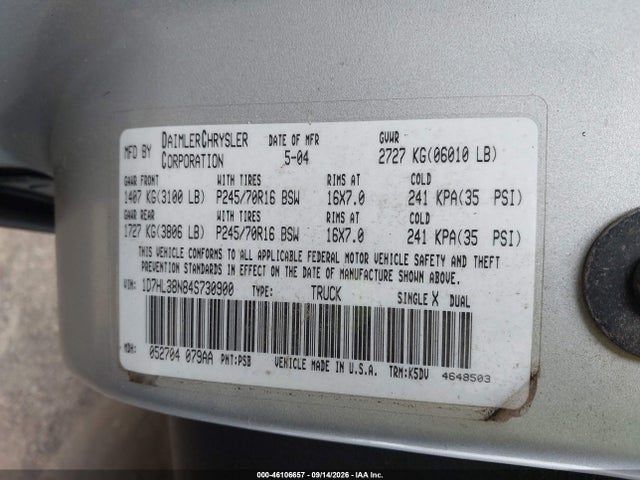 Продажа на аукционе авто 2004 Dodge Dakota Sport/sxt, vin: 1D7HL38N84S730900, номер лота: 46106657