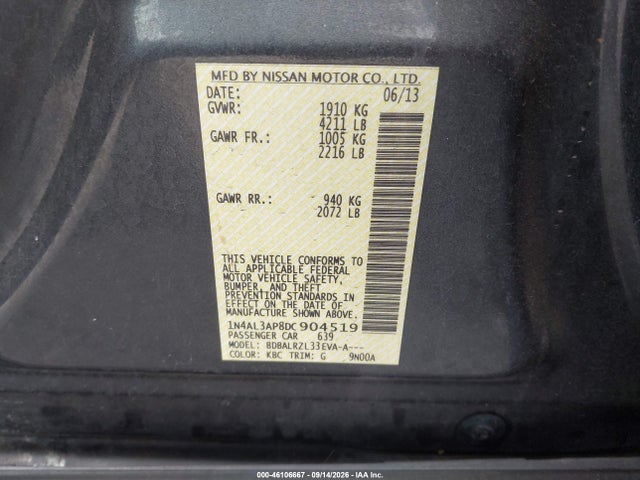 2013 Nissan Altima 2.5 S მანქანა იყიდება აუქციონზე, vin: 1N4AL3AP8DC904519, აუქციონის ნომერი: 46106667