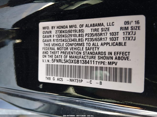 Honda ODYSSEY SE 2016 5FNRL5H3XGB138411 Image 9
