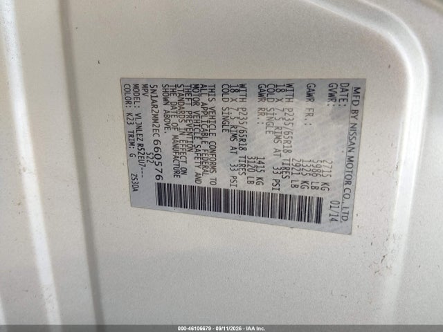 46106679 :رقم المزاد ، 5N1AR2MM2EC660576 vin ، 2014 Nissan Pathfinder Platinum/s/sl/sv مزاد بيع