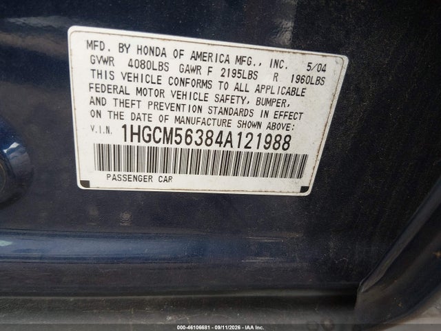 Aukcja sprzedaży 2004 Honda Accord 2.4 Lx, vin: 1HGCM56384A121988, numer aukcji: 46106681