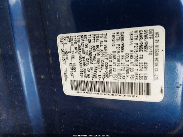 46106689 :رقم المزاد ، JN8AS5MVXAW129626 vin ، 2010 Nissan Rogue S مزاد بيع