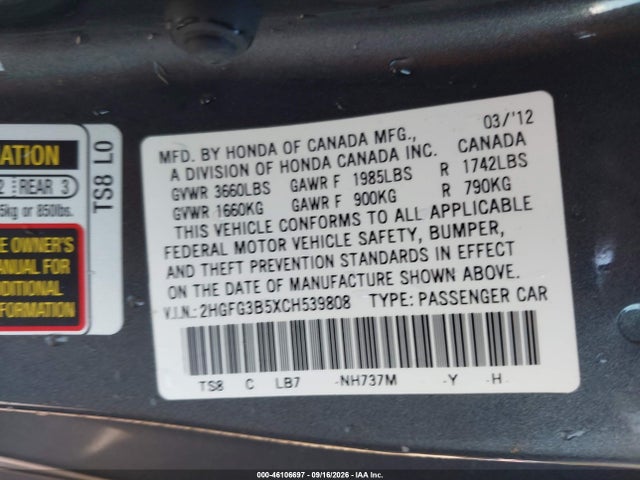 Aukcja sprzedaży 2012 Honda Civic Lx, vin: 2HGFG3B5XCH539808, numer aukcji: 46106697