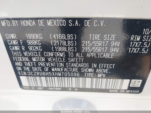 Aukcja sprzedaży 2017 Honda Hr-v Ex, vin: 3CZRU6H5XHM705096, numer aukcji: 46106700