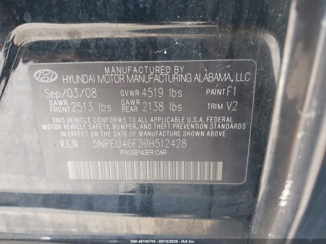 46106705 :رقم المزاد ، 5NPEU46F39H512428 vin ، 2009 Hyundai Sonata Limited V6 مزاد بيع