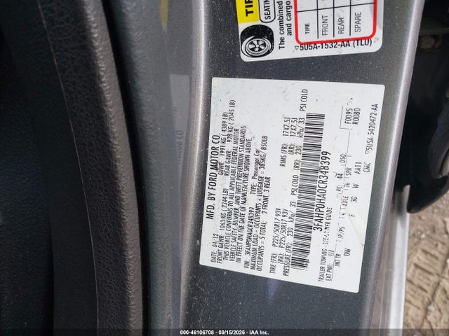 46106708 :رقم المزاد ، 3FAHP0HA0CR348399 vin ، 2012 Ford Fusion Se مزاد بيع