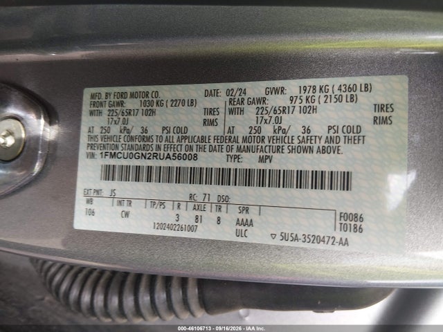 2024 Ford Escape Active მანქანა იყიდება აუქციონზე, vin: 1FMCU0GN2RUA56008, აუქციონის ნომერი: 46106713