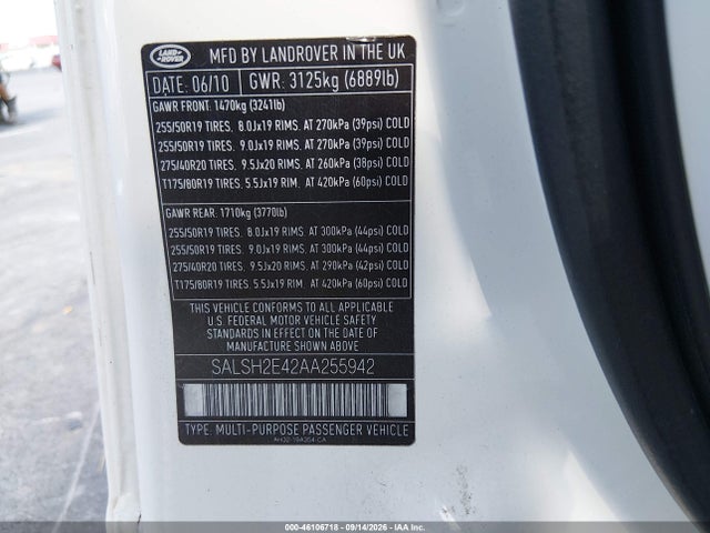 46106718 :رقم المزاد ، SALSH2E42AA255942 vin ، 2010 Land Rover Range Rover Sport Supercharged مزاد بيع