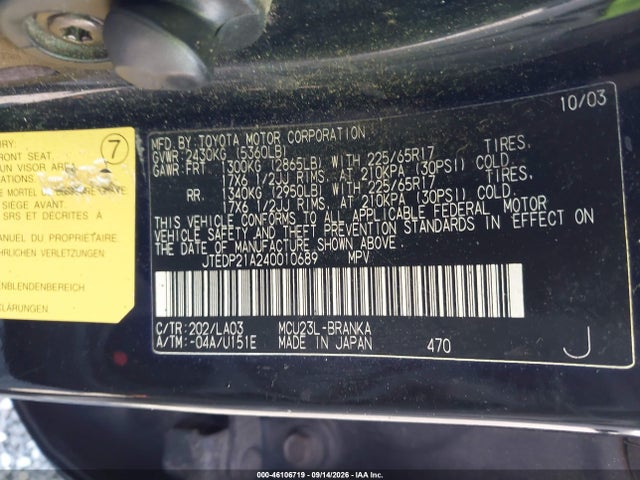 Продажа на аукционе авто 2004 Toyota Highlander Limited V6, vin: JTEDP21A240010689, номер лота: 46106719
