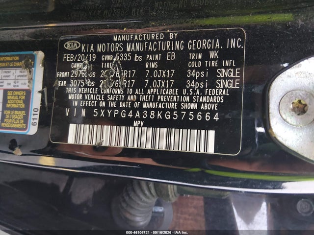46106721 :رقم المزاد ، 5XYPG4A38KG575664 vin ، 2019 Kia Sorento 2.4l L مزاد بيع