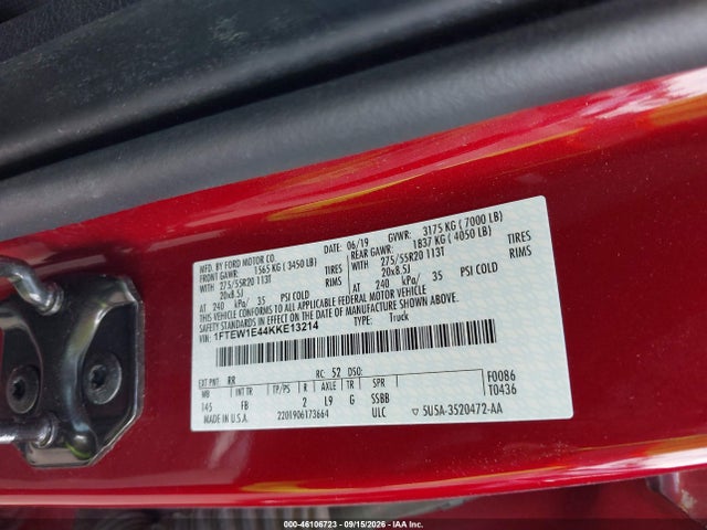 46106723 :رقم المزاد ، 1FTEW1E44KKE13214 vin ، 2019 Ford F-150 Xlt مزاد بيع
