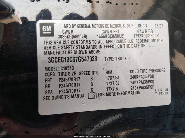 Aukcja sprzedaży 2007 Chevrolet Silverado 1500 Ls, vin: 3GCEC13C67G547028, numer aukcji: 46106727