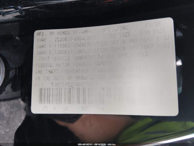 46106741 :رقم المزاد ، 5J8TB18248A016423 vin ، 2008 Acura Rdx مزاد بيع