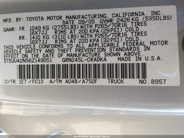 46106744 :رقم المزاد ، 5TEUU42N56Z149051 vin ، 2006 Toyota Tacoma Base V6 مزاد بيع
