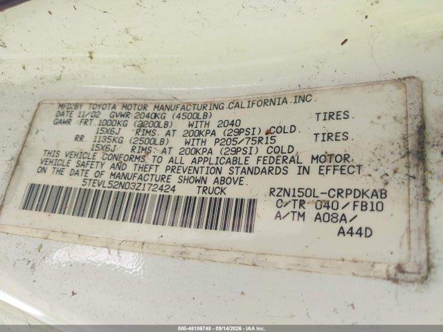 Aukcja sprzedaży 2003 Toyota Tacoma, vin: 5TEVL52N03Z172424, numer aukcji: 46106748