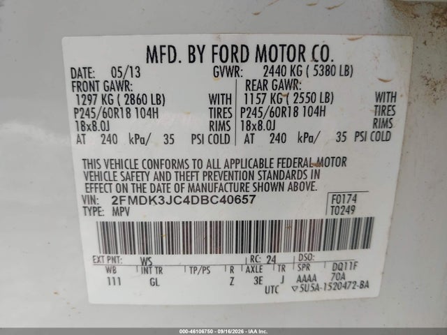 2013 Ford Edge Sel მანქანა იყიდება აუქციონზე, vin: 2FMDK3JC4DBC40657, აუქციონის ნომერი: 46106750